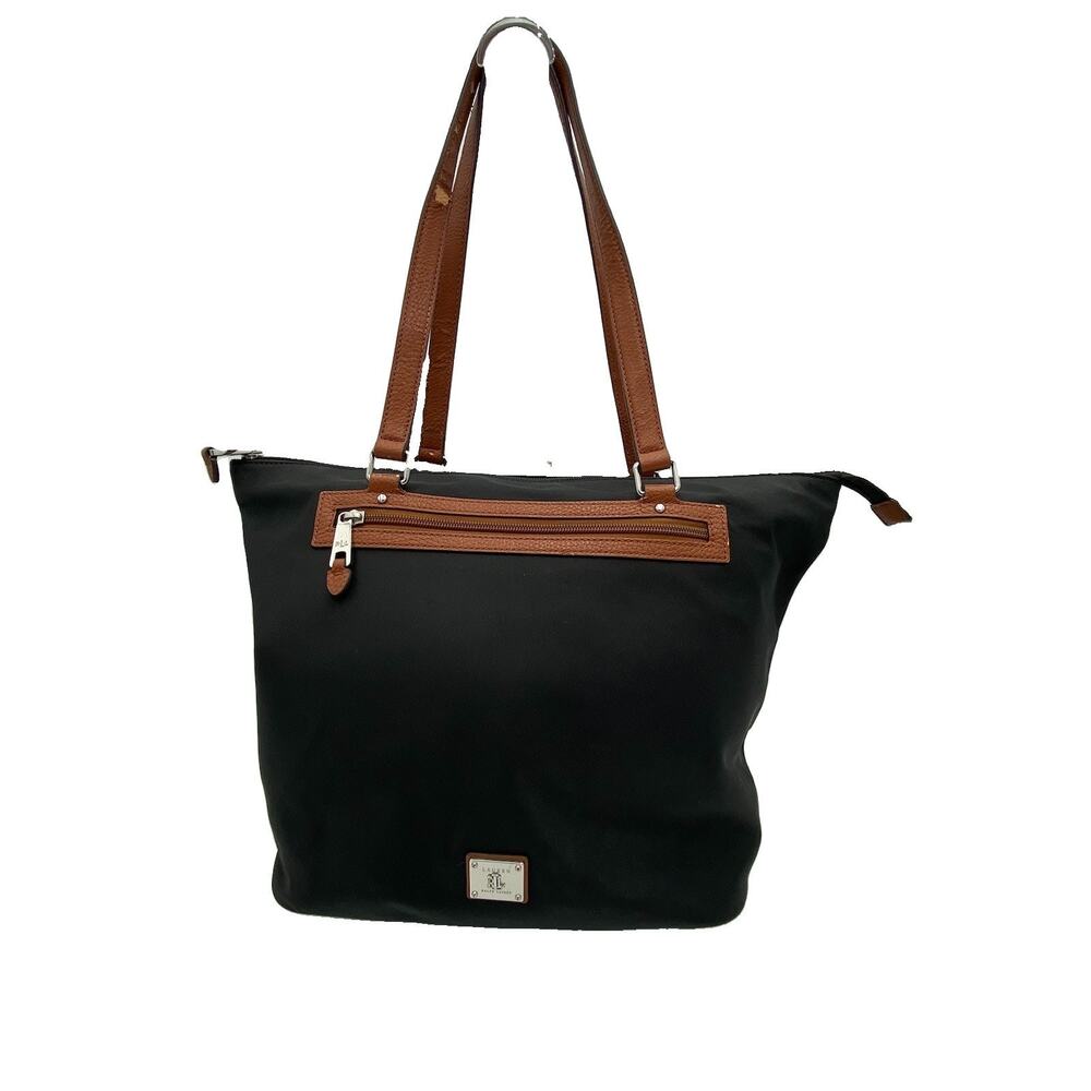 Lauren Ralph Lauren Tote Black Nylon Brown Leather Trim Zip Top Bag